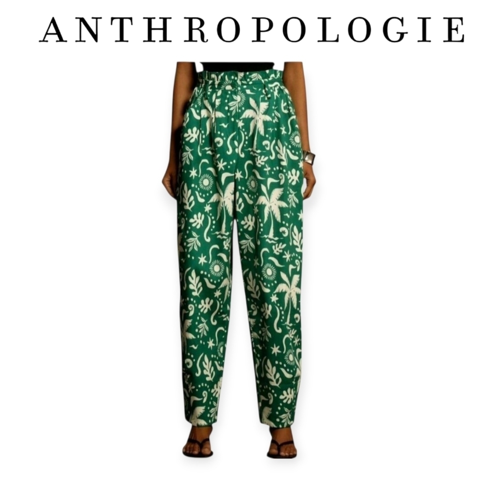 Anthropologie Corey Lynn Calter Green White Palm Print Paperbag Barrel Pants S/M